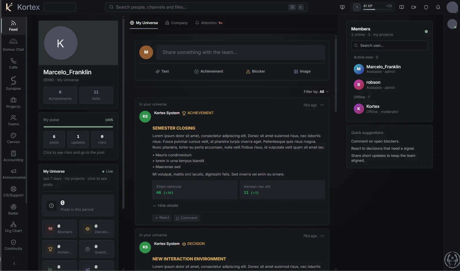 Feed — workspace feed with achievements, decisions and the team pulse